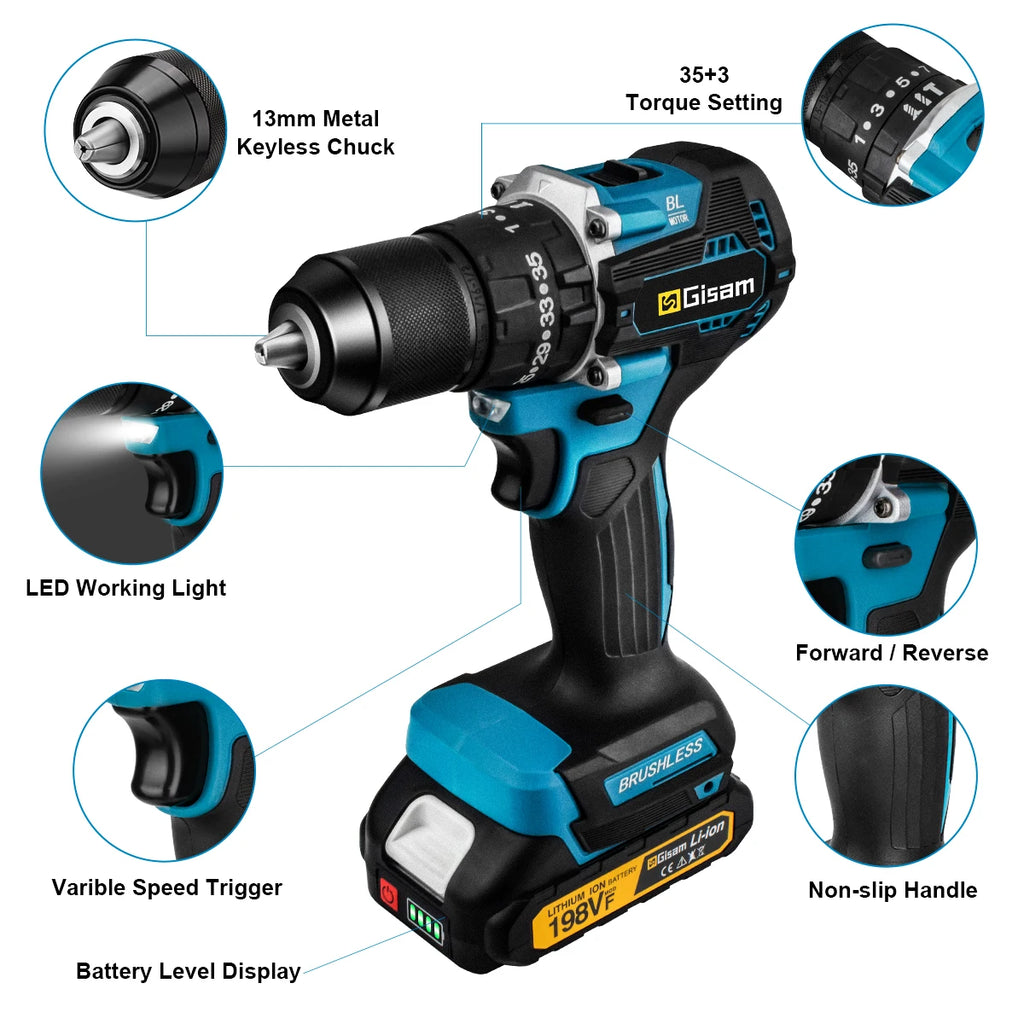 Gisam 65N.m 13MM 35+3 Torque Brushless Electric Impact Drill Cordless Electric Screwdriver Power Tool For Makita 18V Battery Pin