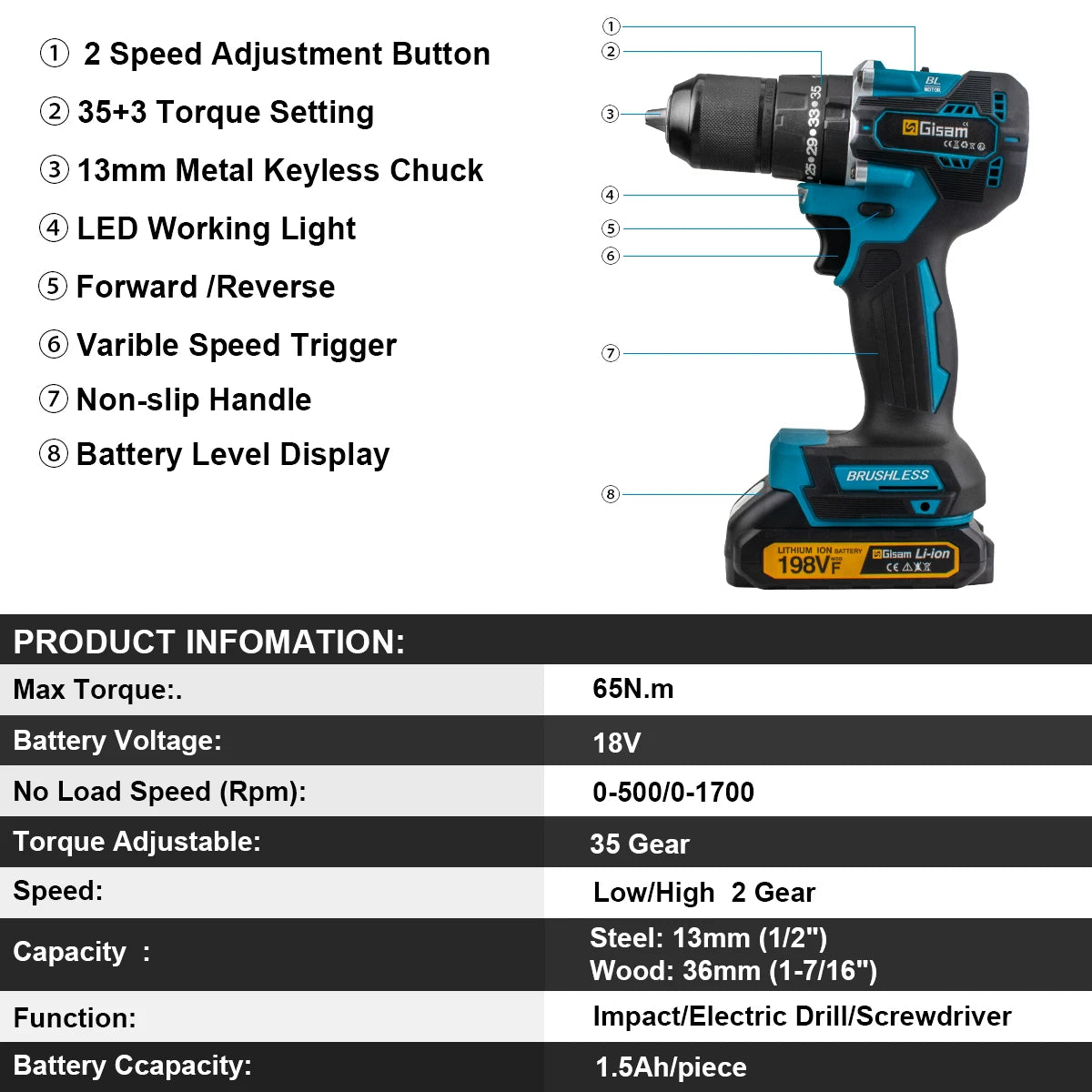 Gisam 65N.m 13MM 35+3 Torque Brushless Electric Impact Drill Cordless Electric Screwdriver Power Tool For Makita 18V Battery Pin